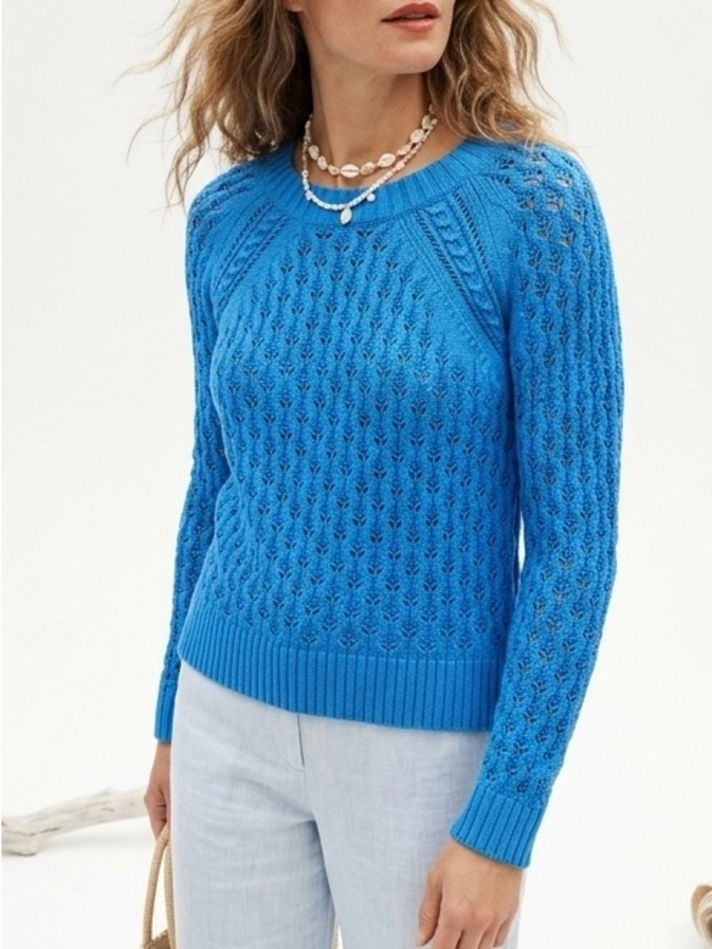 LOFT Blue Pointelle Open Knit Sweater XS Petite XSP